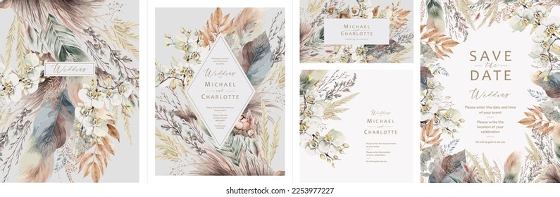 Wedding invitations in boho style. Save the Date. Vector beautiful watercolor plants, leaves and flowers for elegant modern greeting cards, congratulations in muted colors - Shutterstock ID 2253977227