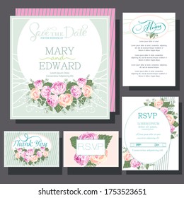 Wedding invitations card with roses flowers. RSVP card, menu design.