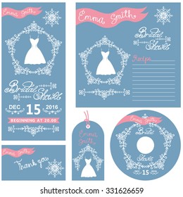 Wedding  invitations card set.Winter  Bridal shower decor set with dress,Swirling borders,wreath frame ribbon,snowflakes.Design template.Vintage Vector,flat fashion