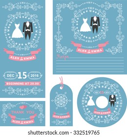 Wedding  invitations card set.Winter  decor set with dress,frock coat,Swirling borders,wreath frame ribbon,snowflakes.Design template.Vintage Vector,flat fashion