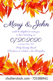 Wedding Invitations card template with autumn leaves. Vector Illustration.