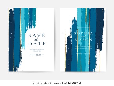 Wedding invitations and Card Template Design with Painted canvas indigo and gold foil in luxurious Turquoise And Gold style  Vector Illustration.