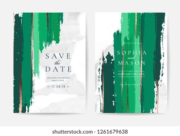 Wedding invitations and Card Template Design with Painted canvas White Marble and gold foil in luxurious Emerald style Vector Illustration.