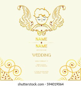 Wedding invitations card templates with cupid elements,gold and diamonds.Vector illustration