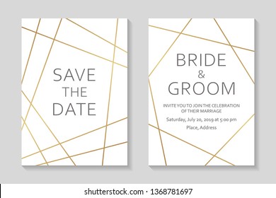 Wedding invitations or card templates with modern golden geometric borders on a white background.