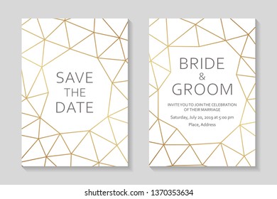Wedding invitations or card templates with modern golden geometric polygonal borders on a white background.
