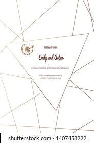 Wedding invitations or card templates with modern golden geometric borders on a white background