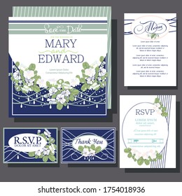Einladungskarte für Hochzeiten mit weißen violetten Blumen. RSVP-Karte, Menüdesign.