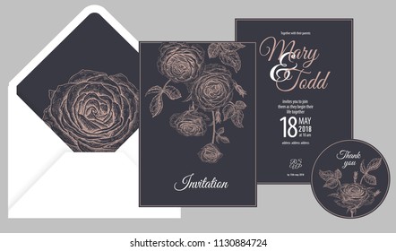 Wedding invitations cards and cover. Decoration with garden flowers roses. Floral vector illustration set. Vintage engraving. Oriental style. Templates with print of gold foil on black background.