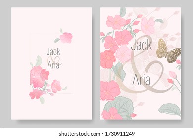 Wedding invitations cards set. Blooming Japanese cherry tree and butterfly. Frame of flowers and leaves. Spring flowers pattern. Floral vector illustration. Vintage. Oriental style. Pink and gold