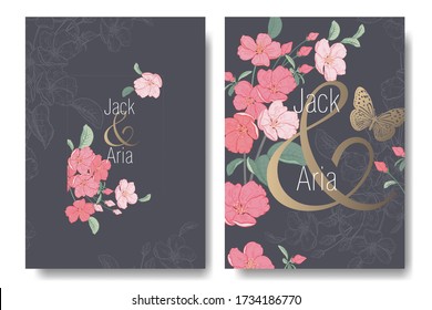 Wedding invitations cards set. Blooming Japanese cherry tree and butterfly. Frame of flowers and leaves. Spring flowers pattern. Floral vector illustration. Vintage. Oriental style. Pink, black, gold