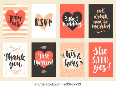 Wedding invitations cards set. Decoration with modern ink lettering. Save the date hand drawn brush calligraphy collection. Typography sticker templates. Vector design elements