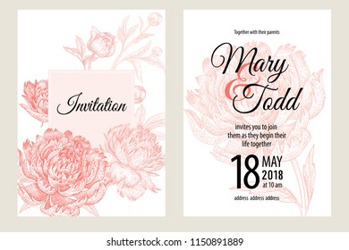 Wedding invitations cards templates. Decoration with garden flowers peonies, frame pattern. Floral vector illustration set. Vintage engraving. Oriental style. Pink and white color.
