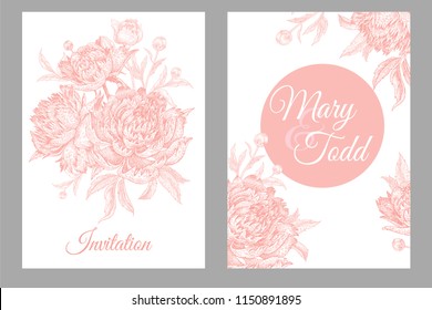 Wedding invitations cards templates. Decoration with garden flowers peonies, frame pattern. Floral vector illustration set. Vintage engraving. Oriental style. Pink and white color.