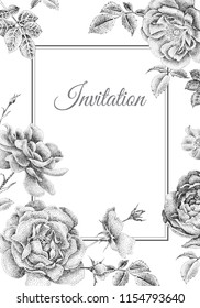 Wedding invitations cards templates. Decoration with garden flowers, frame pattern. Floral vector illustration. Vintage engraving. Oriental style. Black peonies, roses on white background.