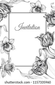 Wedding invitations cards templates. Decoration with garden flowers, frame pattern. Floral vector illustration. Vintage engraving. Oriental style. Black tulips and narcissus on white background.