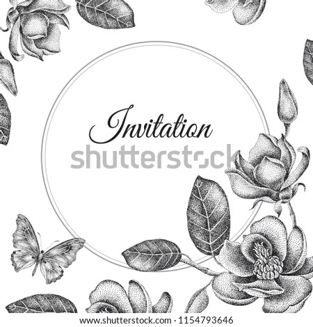 Wedding invitations cards templates. Decoration with garden flowers, frame pattern. Floral vector illustration. Vintage engraving. Oriental style. Black magnolias on white background.