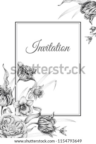 Wedding invitations cards templates. Decoration with garden flowers, frame pattern. Floral vector illustration. Vintage engraving. Oriental style. Black tulips, roses and narcissus on white background