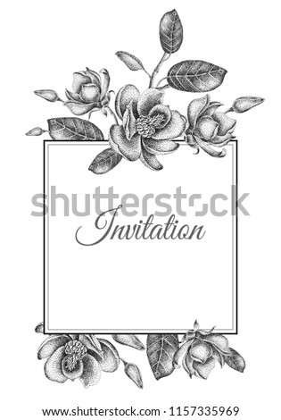 Wedding invitations cards templates. Decoration with garden flowers, frame pattern. Floral vector illustration. Vintage engraving. Oriental style. Black magnolias on white background.