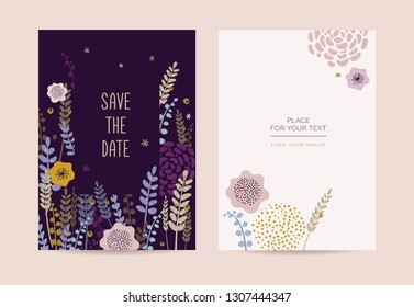 Wedding invitations in a cute modern style. Hand-drawn spring flowers on a blue background. Vector illustration for invitation or greeting card for shop, beauty salon, spa.