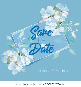 Wedding invitations with decorative flowers on a blue background.Save the Date.