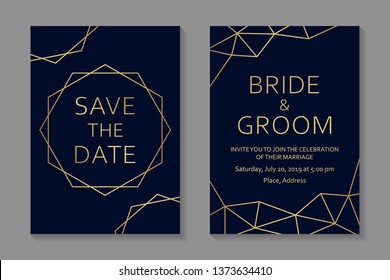 Wedding invitations design or greeting card templates with modern golden geometric borders on a navy blue background.