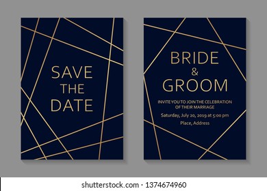 Wedding invitations design or greeting card templates with modern golden geometric borders on a navy blue background.