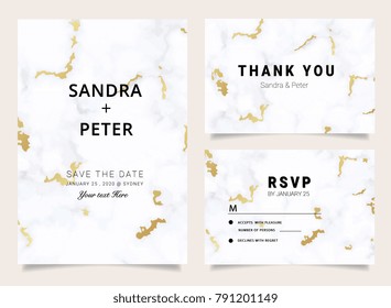 Wedding Invitations design set  for Thank you card, RSVP, Stationary with gold marble texture background