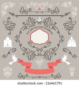 Wedding invitations design template set.Swirling decor elements,pigeons,ribbons,label,wedding icons,Borders,frame.For  invitation,save the date card,bridal shower invitation.Art Nouveau style.Vector.