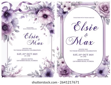 Wedding invitations, each adorned with elegant purple floral arrangements and subtle ribbon accents, set against a crisp white background.