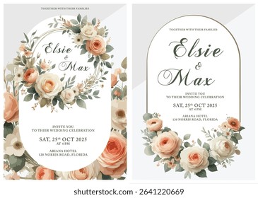 Wedding invitations featuring soft peach and cream floral designs. The left invitation has an oval frame of flowers, while the right has an arched design with a floral cluster at the bottom.