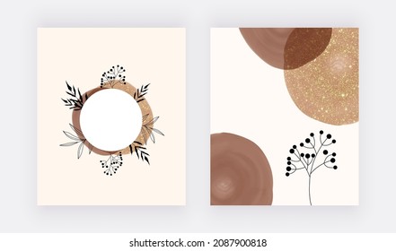 Wedding invitations with glitter orange and brown watercolor shapes and leaves