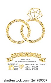 Wedding invitations with gold glitter foil texture ring. Trendy Wedding, marriage, bridal, birthday, Valentine's day. Simple silhouette. Isolated. Ornate Vector