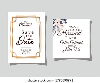 Wedding invitations with gold ornament frames and flower with leaves on gray background design, Save the date and engagement theme Vector illustration