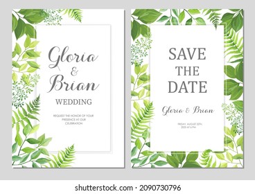 Invitaciones de boda con borde de hojas verdes. Invitar la tarjeta con el lugar para el texto. Marco con hierbas del bosque. Ilustración vectorial.