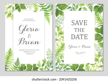 Wedding invitations with green leaves border. Invite card with place for text. Frame with forest herbs. Vector illustration.