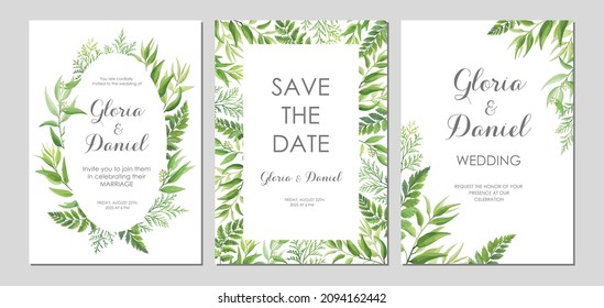 Wedding invitations with green leaves border. Invite card with place for text. Frame with forest herbs. Vector illustration.