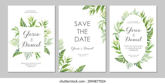 Wedding invitations with green leaves border. Invite card with place for text. Frame with forest herbs. Vector illustration.