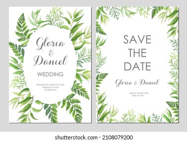 Wedding invitations with green leaves border. Invite card with place for text. Frame with forest herbs. Vector illustration.