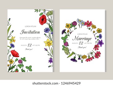 Wedding invitations. Greeting card with summer wild meadow flowers. Spring floral retro sketch vector flyer template