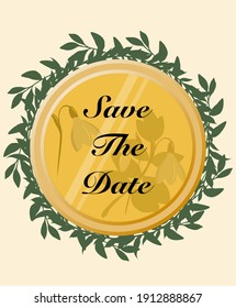 wedding invitations, greeting card, title page. Imitation of a glass medallion with green branches. flowers in glass.