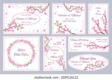 Wedding invitations and greeting cards with sakura blossom flowers. Japan cherry tree branches and pink petals frames and borders vector set. Romantic japanese elements for marriage
