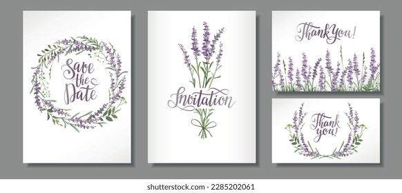 Wedding invitations or greeting cards set with lavender flowers. Vector illustration.