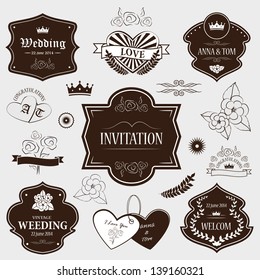 Wedding Invitations And Icons - Set - Isolated On Gray Background. Vector Illustration, Graphic Design Editable For Your Design. Wedding Logo
