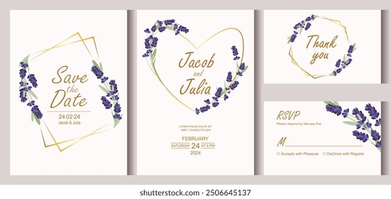 Invitaciones de Boda con flores de lavanda. Fondo festivo para tarjetas de felicitación. Plantilla de Boda. Ilustración vectorial.
