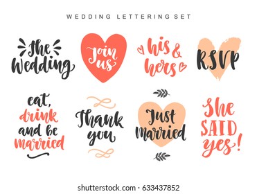 Wedding invitations lettering set, isolated on white background. Save the date hand drawn brush calligraphy collection. Typography cards, stickers template. Vector design elements
