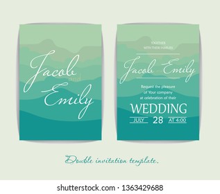 wedding invitations on background in watercolor style. Emerald blue. Decorated with elegant twigs of green plants. Available for editing.