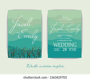 wedding invitations on background in watercolor style. Emerald blue. Decorated with elegant twigs of green plants. Available for editing.