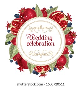 Wedding invitations with pomegranate and leaves. Composition for a wedding or greeting card. Design element for wedding,
 birthday, natural and eco cosmetics. Can be used for a poster, invitation , or