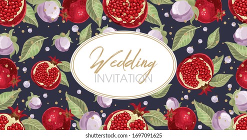 Wedding invitations with pomegranate and leaves. Composition for a wedding or greeting card. Design element for wedding,
 birthday, natural and eco cosmetics. Can be used for a poster, invitation , or